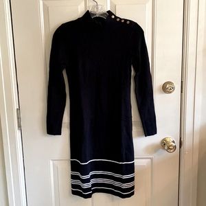 NEW AnnTaylor Petite Striped Shoulder Button Sweater Dress XXSP Black White